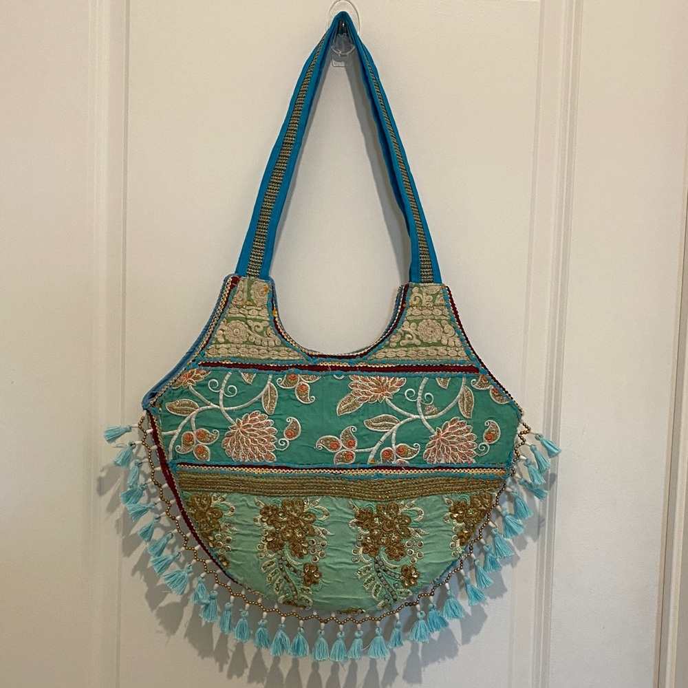 Boho Embroidered Teal Tote Bag - Women